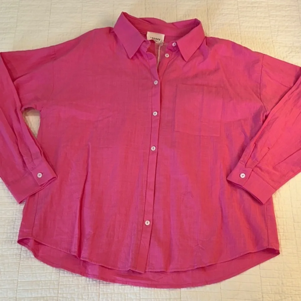 Andree Large Button Up Barbie Pink 100% Cotton NWT Elevated Basics - Picture 2 of 7